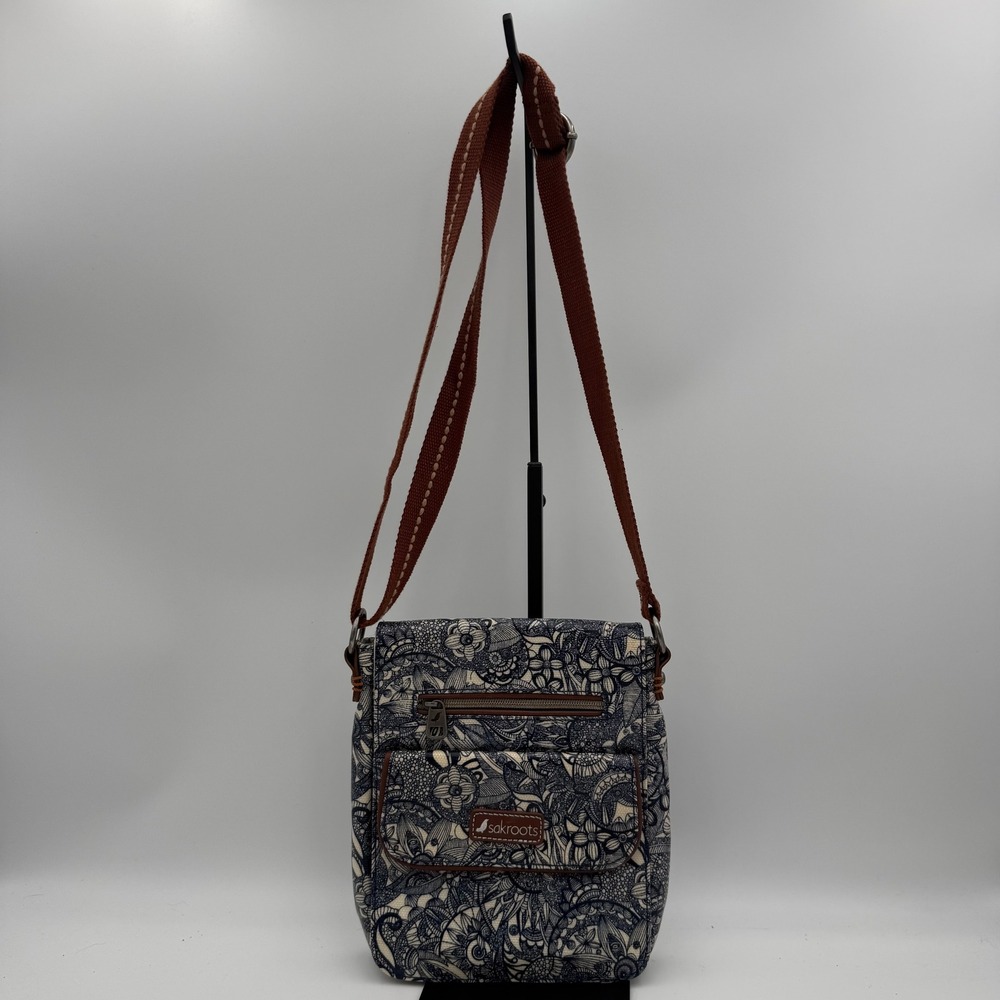 Sakroots Navy Floral Paisley Coated Canvas Crossbody Messenger Bag